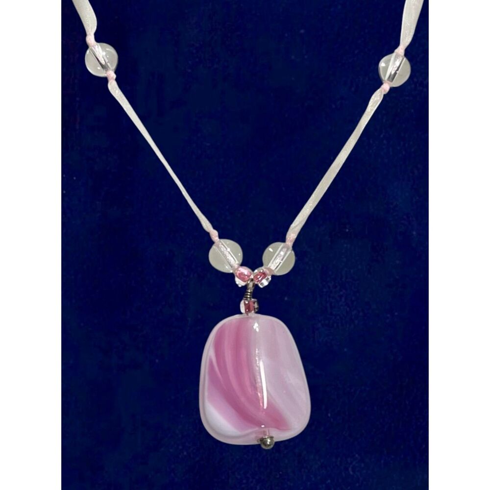Art Glass Necklace Pink White Swirled Pendant Ribbon Cord Handcrafted Jewelry
